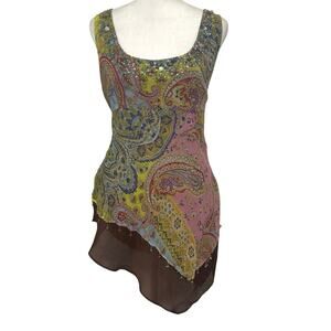 Y2K Vintage Silk Beaded Paisley Baby Doll Asymmetrical Top L Boho Festival